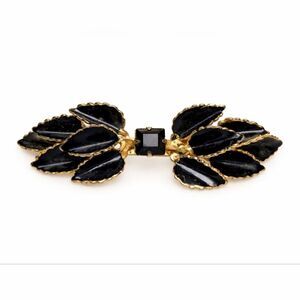 Vintage Black Enamel Leaf Bow Brooch Gold Tone Mid Century Old Hollywood
